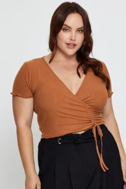 Brown Hem T-shirt Drawstring Jersey Wrap Front Lettuce -You And All Fashion Store cjd31281 47ab mocha 3