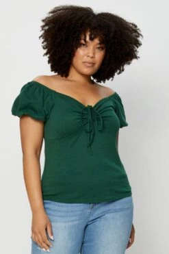 Green Top Off The Shoulder Puff Sleeve Tie Up -You And All Fashion Store cjd31285 47ab forest 3 2