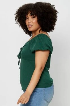 Green Top Off The Shoulder Puff Sleeve Tie Up -You And All Fashion Store cjd31285 47ab forest 4 2