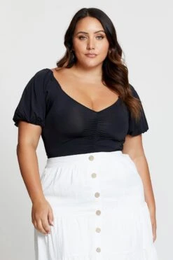 Black Front Bodysuit Puff Sleeve Jersey Ruched