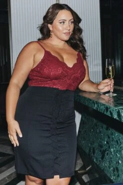 Red Bodysuit V Scalloped Neck Strappy Lace