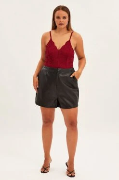 Red Bodysuit V Scalloped Neck Strappy Lace -You And All Fashion Store cjd31708 36a wine 3