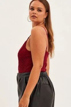 Red Bodysuit V Scalloped Neck Strappy Lace -You And All Fashion Store cjd31708 36a wine 4