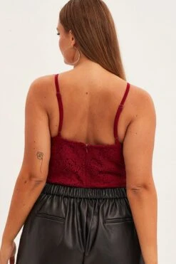Red Bodysuit V Scalloped Neck Strappy Lace -You And All Fashion Store cjd31708 36a wine 5