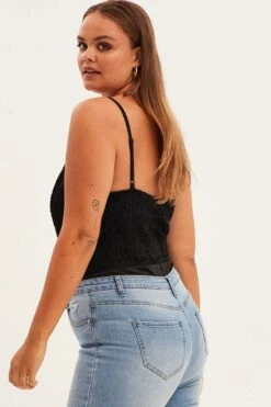 Black Bodysuit V Scalloped Neck Strappy Lace -You And All Fashion Store cjd31708 36ab black 4