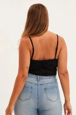 Black Bodysuit V Scalloped Neck Strappy Lace -You And All Fashion Store cjd31708 36ab black 5