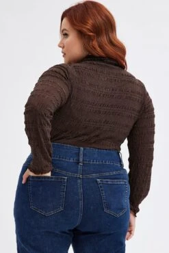 Brown Bodysuit Long Sleeve High Neck -You And All Fashion Store cjd6004 47jb brown 3