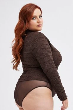 Brown Bodysuit Long Sleeve High Neck -You And All Fashion Store cjd6004 47jb brown 6