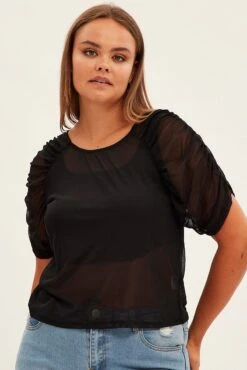 Black Mesh Top Ruched Sleeve Sheer Round Neck -You And All Fashion Store cjd9533 81ab black 3