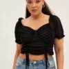 Black Crop Top Short Sleeve Mesh Ruched