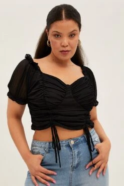 Black Crop Top Short Sleeve Mesh Ruched -You And All Fashion Store cjd9535 33ab black 3