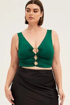Green Crop Top Sleeveless Peephole Front Detail Jersey