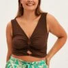 Brown Crop Top Sleeveless Peephole Front Detail Jersey