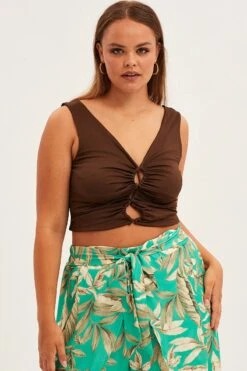 Brown Crop Top Sleeveless Peephole Front Detail Jersey -You And All Fashion Store cjdk31789 47ab brown 3