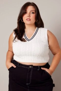 White Cable Knit Vest V-neck