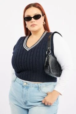 Blue Cable Knit Vest V-neck