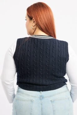 Blue Cable Knit Vest V-neck -You And All Fashion Store ckn1925 41jb navy 4