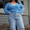 Blue Fluffy Knit Cardigan Long Sleeve V-neck