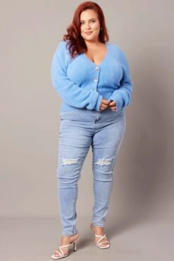 Blue Fluffy Knit Cardigan Long Sleeve V-neck 8 Blue Fluffy Knit Cardigan Long Sleeve V-neck -You And All Fashion Store ckn2312 45j dusty blue 3