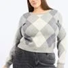 Grey Check Knit Jumper Long Sleeve Argyle