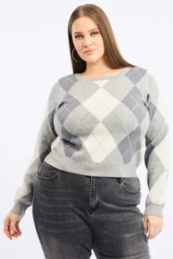 Grey Check Knit Jumper Long Sleeve Argyle