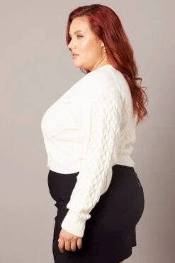 White Cable Knit Cardigan V-neck Crop -You And All Fashion Store ckn2531 41j cream 4