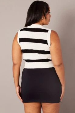 Beige Stripe Knit Vest Sleeveless V-neck Relaxed Fit -You And All Fashion Store ckn2532 41j stripe 5