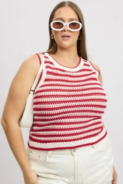 Red Stripe Crochet Knit Vest Sleeveless -You And All Fashion Store ckn2807 40j stripe 3