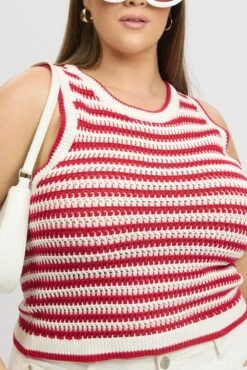 Red Stripe Crochet Knit Vest Sleeveless -You And All Fashion Store ckn2807 40j stripe 6