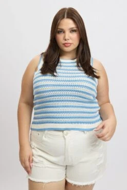 Blue Stripe Crochet Knit Vest Sleeveless 8 Blue Stripe Crochet Knit Vest Sleeveless -You And All Fashion Store ckn2807a 40jb stripe 3