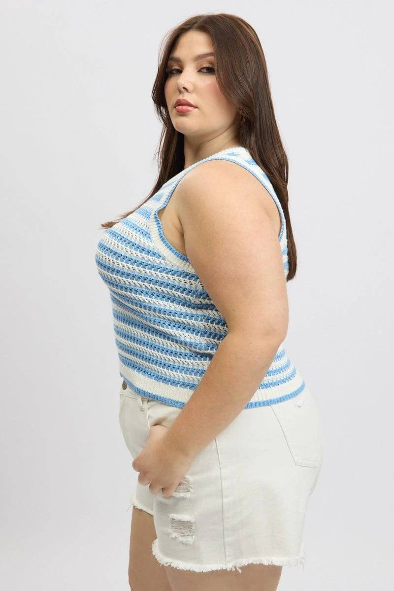 Blue Stripe Crochet Knit Vest Sleeveless 4 Blue Stripe Crochet Knit Vest Sleeveless - Image 4