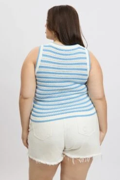 Blue Stripe Crochet Knit Vest Sleeveless 10 Blue Stripe Crochet Knit Vest Sleeveless -You And All Fashion Store ckn2807a 40jb stripe 5