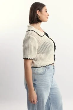 White Collar Knit Cardigan Short Sleeve Tie Up -You And All Fashion Store ckn2965 41jb cream 3