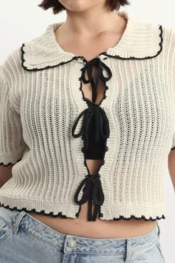 White Collar Knit Cardigan Short Sleeve Tie Up -You And All Fashion Store ckn2965 41jb cream 5