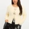 White Fluffy Knit Cardigan Tie Up Front