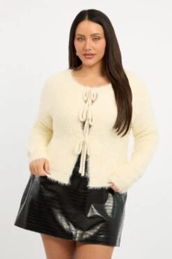 White Fluffy Knit Cardigan Tie Up Front