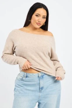 Beige Knit Top One Shoulder