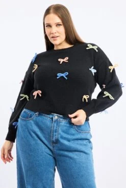 Black Knit Jumper Long Sleeve Bow Tie Detail