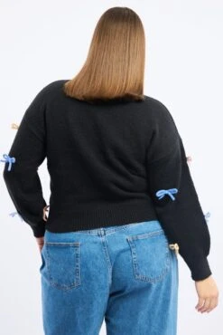 Black Knit Jumper Long Sleeve Bow Tie Detail -You And All Fashion Store ckn3658 45jb black 4