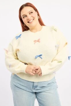 White Knit Jumper Long Sleeve Bow Tie Detail