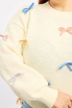 White Knit Jumper Long Sleeve Bow Tie Detail -You And All Fashion Store ckn3658 45jb cream 5