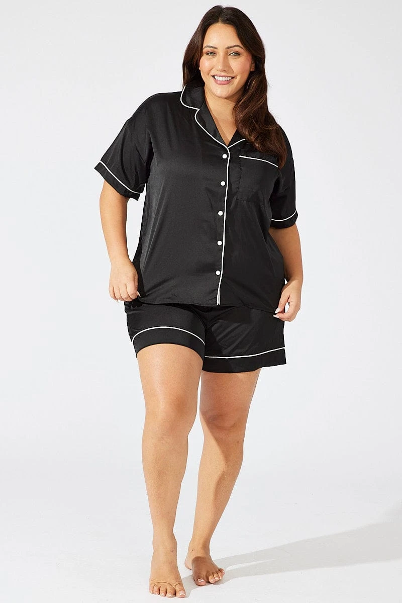 Black Satin Pyjamas Set Short Sleeve 2 Black Satin Pyjamas Set Short Sleeve - Image 2