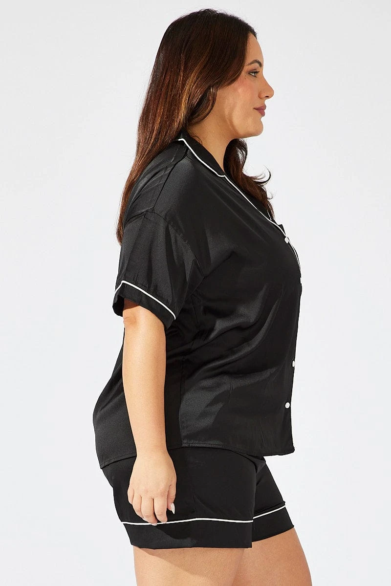 Black Satin Pyjamas Set Short Sleeve 3 Black Satin Pyjamas Set Short Sleeve - Image 3
