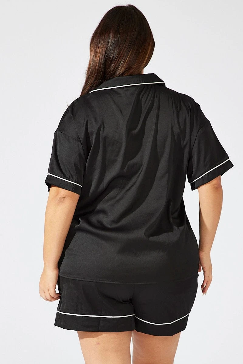 Black Satin Pyjamas Set Short Sleeve 4 Black Satin Pyjamas Set Short Sleeve - Image 4