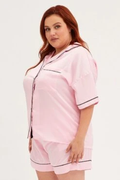 Pink Pyjamas Set Short Sleeve Collared Shorts Satin -You And All Fashion Store cnw01114 84wb pink 4