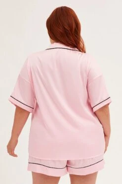 Pink Pyjamas Set Short Sleeve Collared Shorts Satin -You And All Fashion Store cnw01114 84wb pink 5