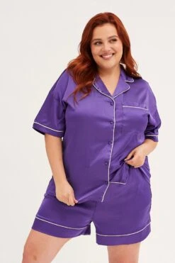 Purple Pyjamas Set Short Sleeve Collared Shorts Satin -You And All Fashion Store cnw01114a 84w purple 3