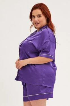 Purple Pyjamas Set Short Sleeve Collared Shorts Satin -You And All Fashion Store cnw01114a 84w purple 4