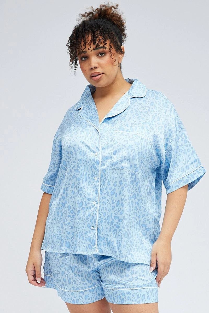 Blue Animal Print Leopard Satin Pj Contrast Piping Pyjama Set 3 Blue Animal Print Leopard Satin Pj Contrast Piping Pyjama Set - Image 3