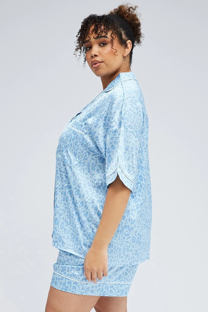 Blue Animal Print Leopard Satin Pj Contrast Piping Pyjama Set 4 Blue Animal Print Leopard Satin Pj Contrast Piping Pyjama Set - Image 4